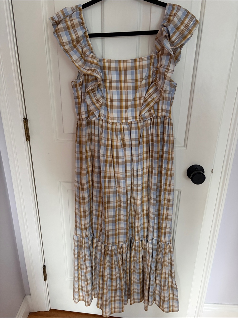 Madewell Beige and Light Blue Plaid Ruffle Strap Dress